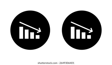 Decline bar chart with downward trend arrow icon. Decrease, loss, and financial crisis symbol in black circle