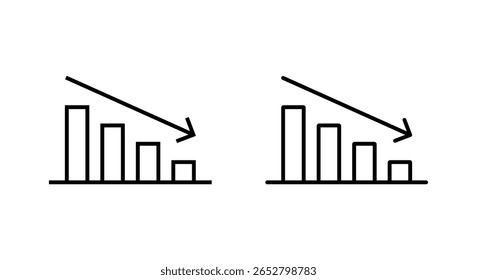 Gráfico de barras de descenso con icono de contorno de flecha de tendencia descendente. Disminución, pérdida y símbolo de caída financiera