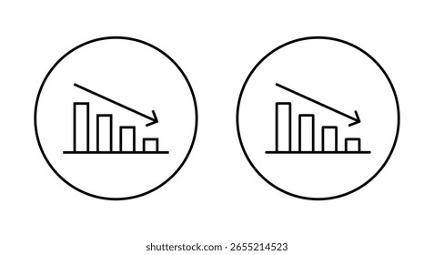 Balkendiagramm mit dem Umrisssymbol des Abwärtstrendpfeils ablehnen. Symbol für Verkleinerung, Verlust und finanziellen Verlust in kreisförmiger Linie