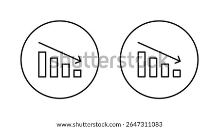 Decline bar chart with downward trend arrow icon. Decrease, loss, and financial drop symbol on circle line