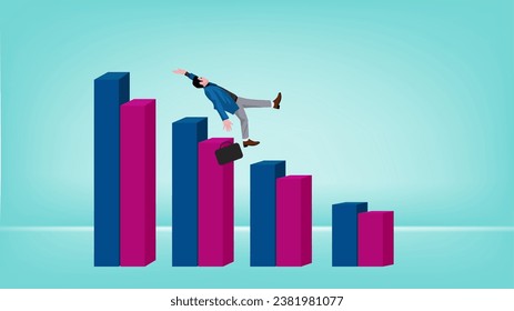 La caída en el gráfico de barras se debe a la caída del mercado de valores, la crisis económica, el fracaso o error de la inversión, la caída de precios, la recesión, el concepto de riesgo de inversión, el concepto de caída del precio de las acciones diseño plano