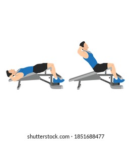 Decline bench crunches exercise. Sit ups flat vector illustration isolated on white background. workout character