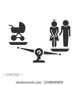 icono de la tasa de natalidad en declive, problema demográfico, crecimiento de las personas con pensiones o Ilustración vectorial vieja y plana