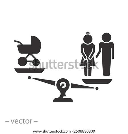 decline birthrate icon, demographic problem, growth pension people or old, flat vector illustration
