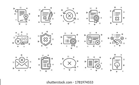 Declinar, Cancelar y No Gustar. Rechazar iconos de línea. Desaprobar conjunto de iconos lineales. Elementos geométricos. Señales de calidad. Vector