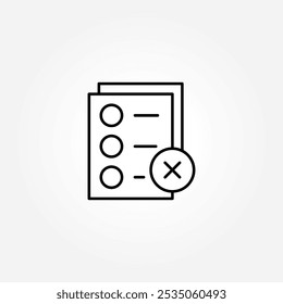 Ícone Recusar certificado, ícone Cancelamento. Ícones de rejeição ou cancelamento de linha. Recusar, rejeitar carimbo, desaprovar ou cancelar. Contrato incorreto, excluir certificado, documento de lista de verificação. Ilustração vetorial