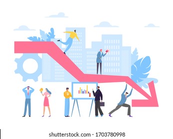 Decline chart, falling business concept vector illustration. Global economic situation, profit collapse. Man and woman workers discuss worsening statistics, broken idea lamp im employee hand.