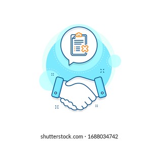 Decline Document Sign. Handshake Deal Complex Icon. Reject Checklist Line Icon. Delete File. Agreement Shaking Hands Banner. Reject Checklist Sign. Vector