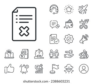 Decline document sign. Salaryman, gender equality and alert bell outline icons. Reject file line icon. Delete file. Reject file line sign. Spy or profile placeholder icon. Vector