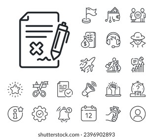 Rechazar el signo del documento. Salaryman, igualdad de género e iconos de la descripción de timbre. Icono de la línea de archivo de rechazo. Borrar archivo. Rechazar el signo de línea de archivo. Icono de marcador de posición de perfil o espía. Vector