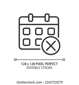 Decline event in calendar pixel perfect linear icon. Delete meeting. Remove task. Cancel appointment. Thin line illustration. Contour symbol. Vector outline drawing. Editable stroke. Arial font used