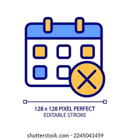 Declinar evento en píxel de calendario icono de color RGB perfecto. Suprímase la reunión. Eliminar tarea. Cancelar cita. Ilustración vectorial aislada. Dibujo de línea simple relleno. Trazo editable. Tipo de letra arial utilizado