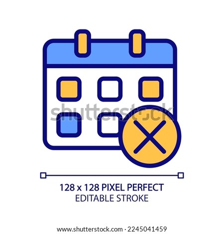 Decline event in calendar pixel perfect RGB color icon. Delete meeting. Remove task. Cancel appointment. Isolated vector illustration. Simple filled line drawing. Editable stroke. Arial font used