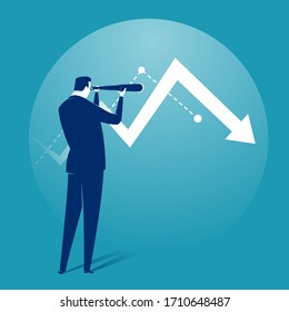 Decline. Illustration of a businessman looking through binoculars on a decreasing chart. Business illustration