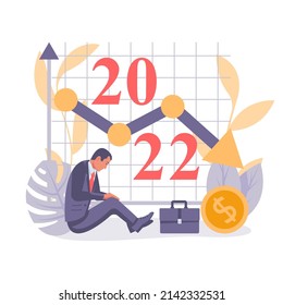 Decline income 2022. Sad businessman near falling chart. Landing page graph drop. Reduction money. Lower finance. Vector illustration flat design. Isolated on white background.