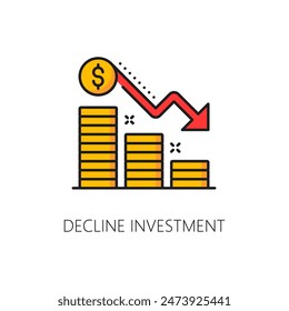 Rechazar icono de línea de color de inversión. Vector gráfico de reducción de costos y disminución financiera con flecha roja hacia abajo y dinero. Economía, negocios, crisis financiera, caída del mercado de valores, signo de esquema de quiebra