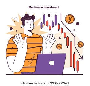 Decline in investment as a recession indicator. Significant, widespread, and prolonged economic slow down or stagnation. Economical activity decline sign. Flat vector illustration