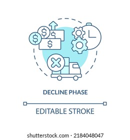 Decline phase turquoise concept icon. Consumption reduce. Stage of product lifecycle abstract idea thin line illustration. Isolated outline drawing. Editable stroke. Arial, Myriad Pro-Bold fonts used