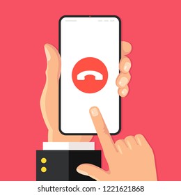 Decline phone call. Decline call button on smartphone screen. Hand holding mobile phone, finger touching screen. Modern flat design. Vector illustration