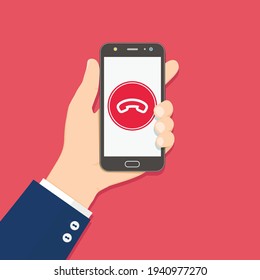 Reducir la llamada telefónica. Disminuir el botón de llamada en la pantalla del smartphone. Mano sosteniendo el teléfono móvil. Ilustración vectorial de diseño plano.