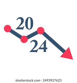 Rückgang der Preis im Jahr 2024. Falldiagramm. Grafik ablegen. Ermäßigungsgeld. Niedrigere Finanzierung. Flaches Design der Vektorillustration. Isoliert auf weißem Hintergrund.