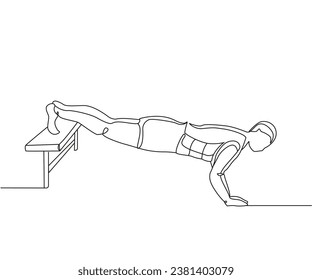 Decline push up exercise Line Drawing isolated on copy space white background, Decline press up exercise editable vector illustration, Continuous one line drawing, exercise line art, gym one line art