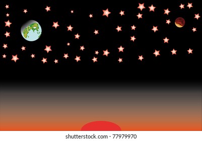 Decline. The red-black night sky of twilight c moon and earth