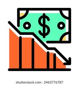 Decline sales icon vector in colored outline style for sales and marketing, business, finance, currency, and bank