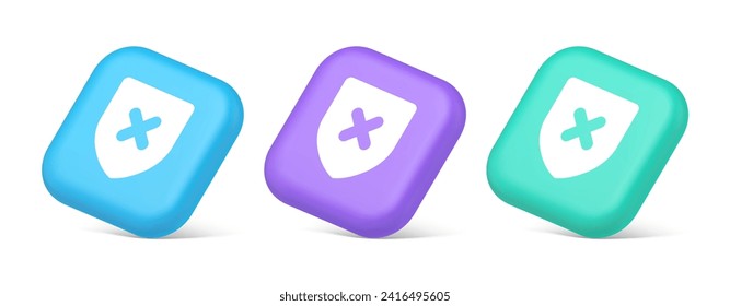 Decline shield button cross mark wrong unsend defense virtual guard 3d realistic blue purple and green icons. Denied cancel element virtual user interface keyboard navigation panel