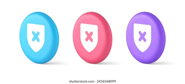 Decline shield button cross mark wrong unsend defense virtual guard 3d realistic blue pink and purple icons. Denied cancel element virtual user interface keyboard navigation panel