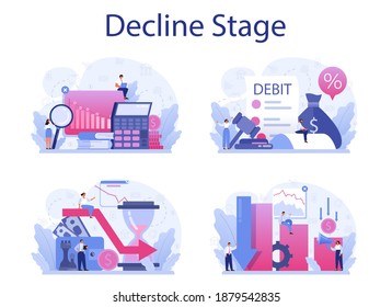 Decline stage concept set. Finance crisis with falling down graph and income decrease. Idea of bancruptcy and business risk. Money loss. Isolated flat vector illustration