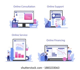 Decline stage online service or platform set. Finance crisis with falling down graph and income decrease. Idea of bancruptcy. Online consultation, financing, support. Isolated flat vector illustration