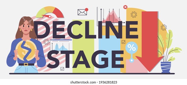 Decline stage typographic header. Bankruptcy with falling down profit