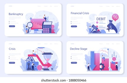 Decline stage web banner or landing page set. Finance crisis with falling down graph and income decrease. Idea of bancruptcy and business risk. Money loss. Isolated flat vector illustration