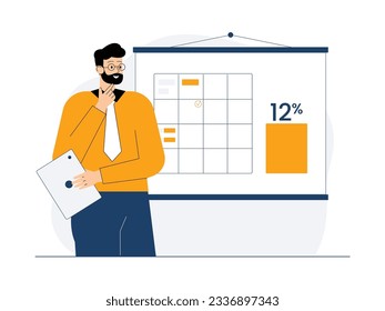 Decline in stock makes financial manager think hard to get over it soon, businessman vector illustration.