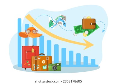 Decline of tourism on chart vector illustration. Travel suitcases, hat and map abandoned due to traveling prices increase and lack of money. Tourism decline, recession, summer concept