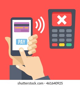 Declined mobile payment, rejected transaction. Hand holding smartphone with credit card, pay button, POS terminal with cross on screen. Mobile banking concept. Modern flat design vector illustration