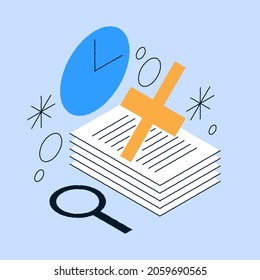 Declined Paper Documents With Cross Vector Isometric Illustration. Stack Of Disapproval Blank Sheets. Paperwork Checking Business Financial Form With Information. Refuse, Reject, Cancel, Denied