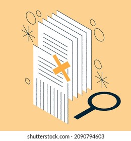 Declined Paper Documents With Cross Vector Isometric Illustration. Stack Of Disapproval Blank Sheets. Paperwork Checking Business Financial Form With Information. Refuse, Reject, Cancel, Denied