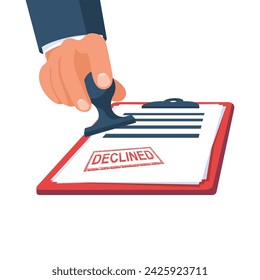 Abgelehntes Stempeln. Das amtliche Dokument wird zurückgewiesen. Dokumente und Stempel in der Hand eines Geschäftsmannes. Vorlage für Fehler. Vektor-Illustration flaches Design. Isoliert auf weißem Hintergrund.