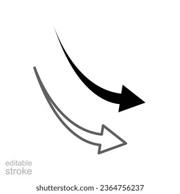 Absenkende Pfeilzeichen, Ziel, Pfeil, Pfeilspitzen Linie und Glyphsymbol. Rechts-Richtungs-Symbol für Website und Anwendung. Bearbeitbarer Strich. Vektorgrafik. Design auf weißem Hintergrund. EPS10