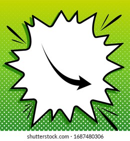 Declining Arrow Sign. Black Icon On White Popart Splash At Green Background With White Spots. Illustration.