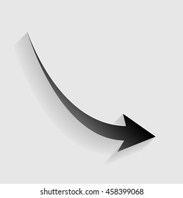 Declining arrow sign. Black paper with shadow on gray background.
