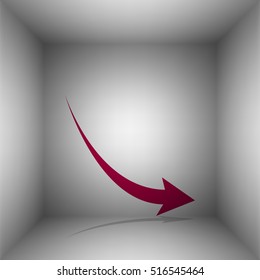 Declining arrow sign. Bordo icon with shadow in the room.