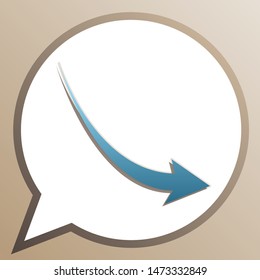 Declining arrow sign. Bright cerulean icon in white speech balloon at pale taupe background. Illustration.