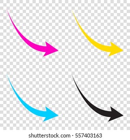 Declining arrow sign. CMYK icons on transparent background. Cyan, magenta, yellow, key, black.