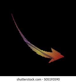 Declining arrow sign. Coloful chalk effect on black backgound.