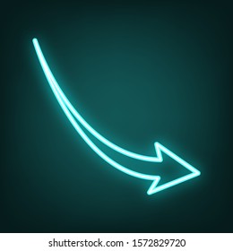Declining arrow sign. Cyan neon icon in the dark. Bluring. Luminescence. Illustration.