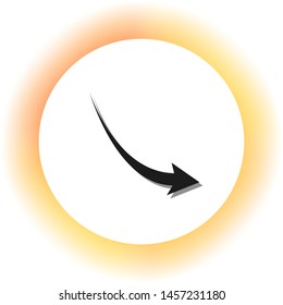 Declining arrow sign. Dark icon with shadow on the glowing circle button. Illustration.