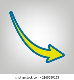 Signo de flecha de disminución. Icono en colores de la bandera de Ucrania (amarillo, azul) en fondo gris. Ilustración.